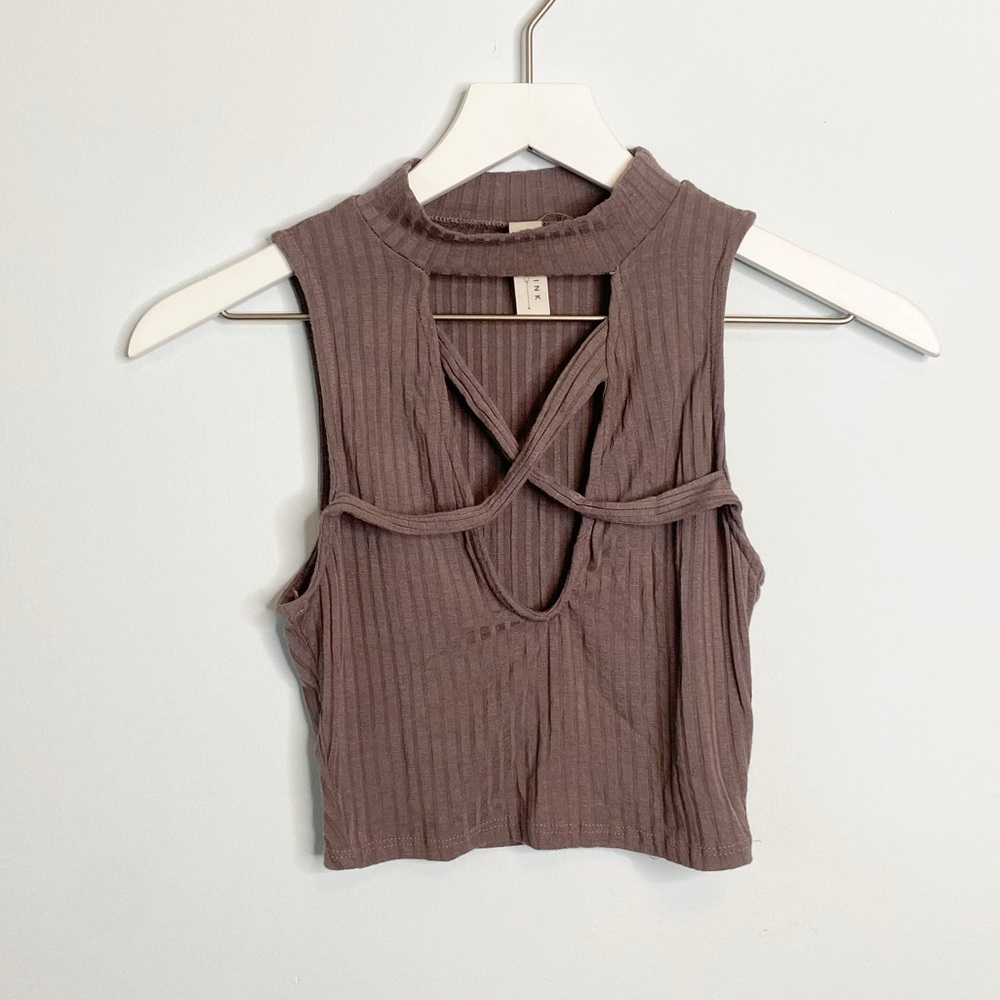 May Pink Taupe Purple Ribbed Criss Cross Choker Mock Neck Crop Top